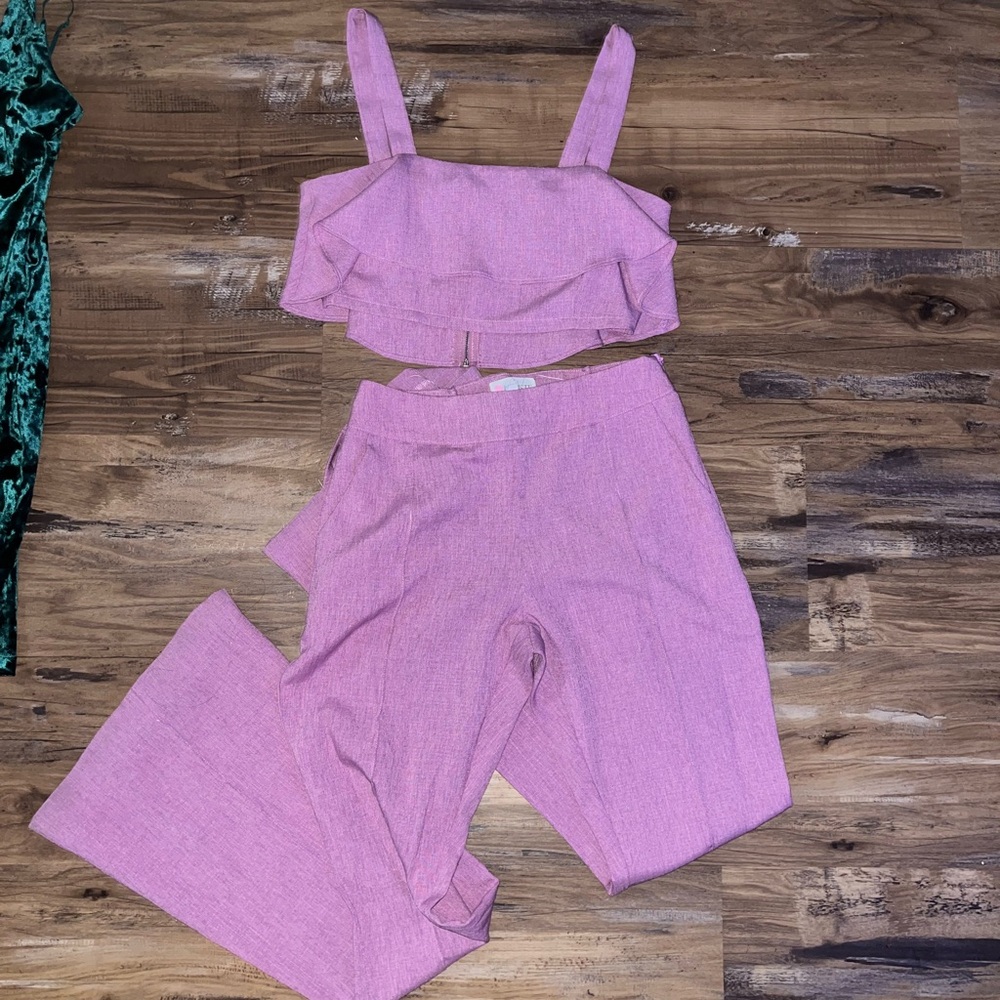 Pink crop top ruffle business pants two piece set
